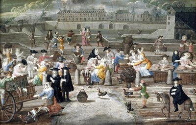 Brot- und Geflügelmarkt am Quai des Grands Augustins, gemalt für einen Fächer von French School